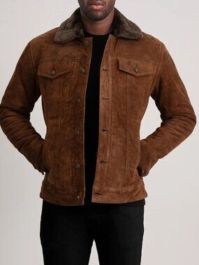 The Jacket Maker Dallis Brown Suede Shearling Trucker Jacket, Size Medium